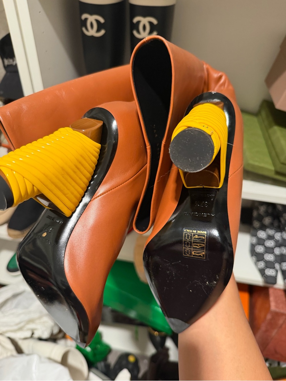 Balenciaga Brown Leather Ankle Boots with Yellow Sculpted Heel - Picture 3 of 3